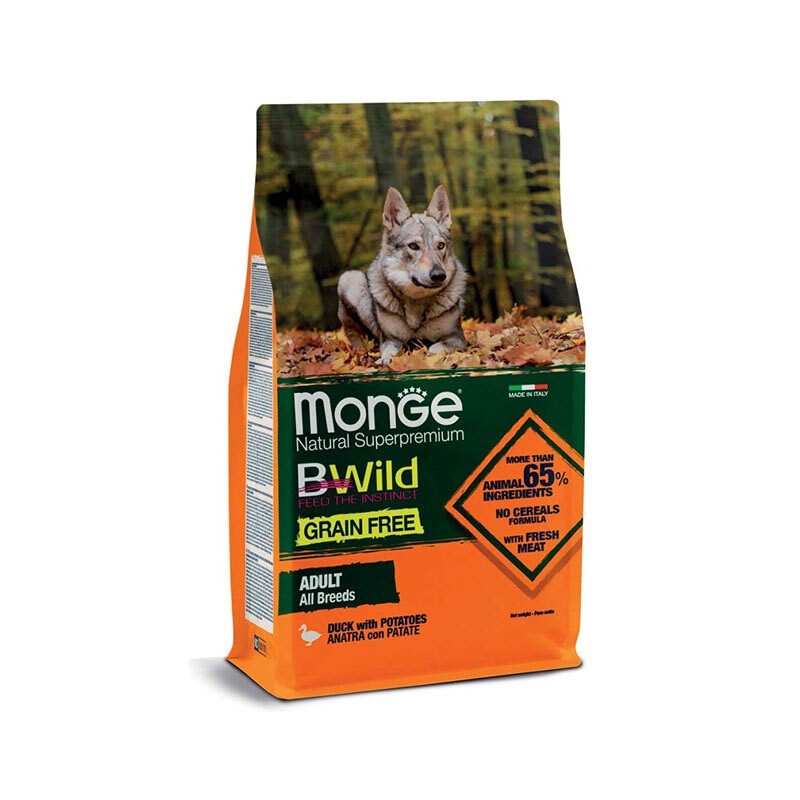 غذای خشک سگ مونژه با طعم گوشت اردک و سیب زمینی Monge BWild Natural SuperPremium Grain Free وزن 12 کیلوگرم
