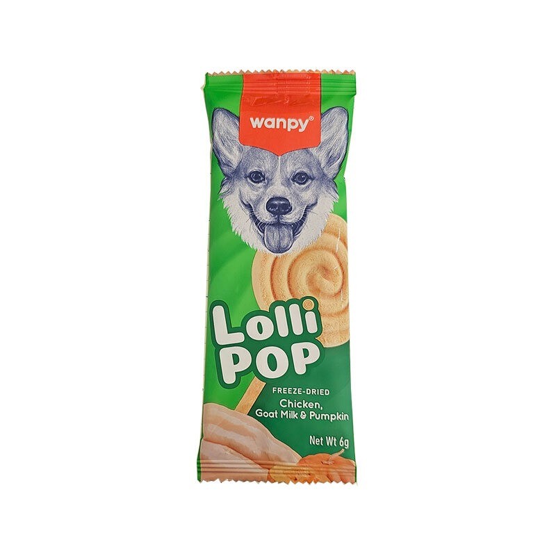 تشویقی آبنباتی سگ ونپی با طعم مرغ، شیر بز و کدو تنبل Wanpy Freeze Dried Lollipop وزن 14 گرم