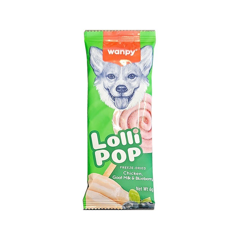 تشویقی آبنباتی سگ ونپی با طعم مرغ، شیر بز و بلوبری Wanpy Freeze Dried Lollipop وزن 14 گرم