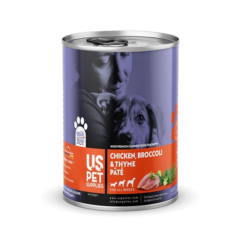 کنسرو غذای توله سگ یو اس پت مدل های پریمیوم با طعم مرغ و بروکلی و آویشن USPet Dog Canned Food وزن 800 گرم
