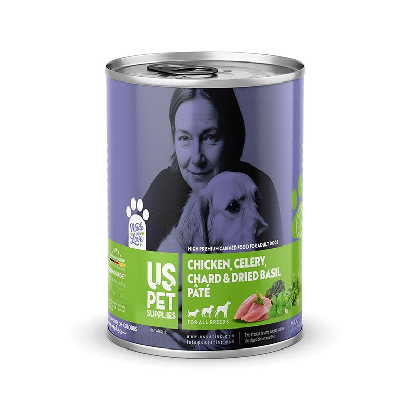 کنسرو غذای سگ یو اس پت مدل های پریمیوم با طعم مرغ کرفس، زغال اخته و ریحان USPet Dog Canned Food وزن 800 گرم