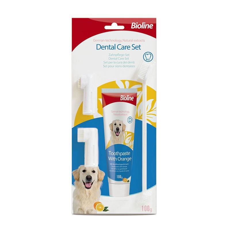 ست مسواک و خمیردندان سگ بایولاین با طعم پرتقال Bioline Dental Oral Care Kit With Orange Flavor وزن 100 گرم