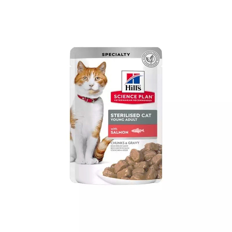 پوچ گربه عقیم هیلز مدل چانک در سس با طعم سالمون HILL’S Pouch for Sterilized Adult with Salmon وزن 85 گرم