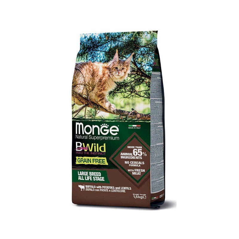 غذای خشک گربه عقیم شده مونژه با طعم گوشت بوفالو، سیب زمینی و عدس Monge BWild Grain Free All Life Stage وزن 1.5 کیلوگرم