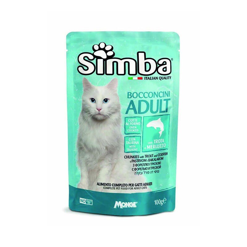 پوچ گربه مونژه با طعم ماهی قزل‌آلا و کاد Monge Simba Cat Chunkies وزن 100 گرم