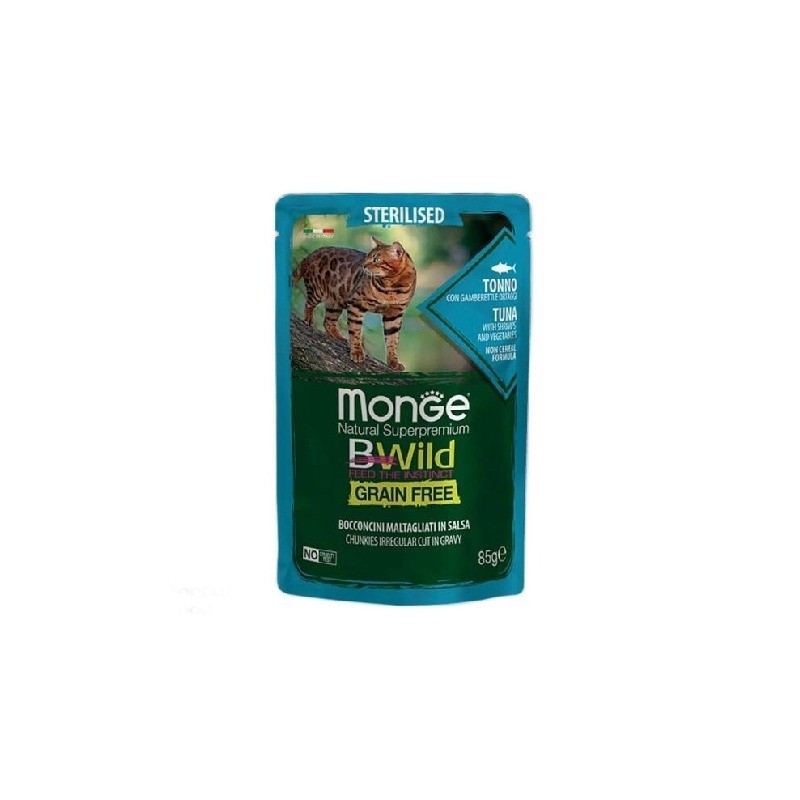 پوچ گربه عقیم مونژه مدل بی‌وایلد با طعم ماهی تن Monge Bwild Sterilised Cat Pouch Tuna وزن 85 گرم