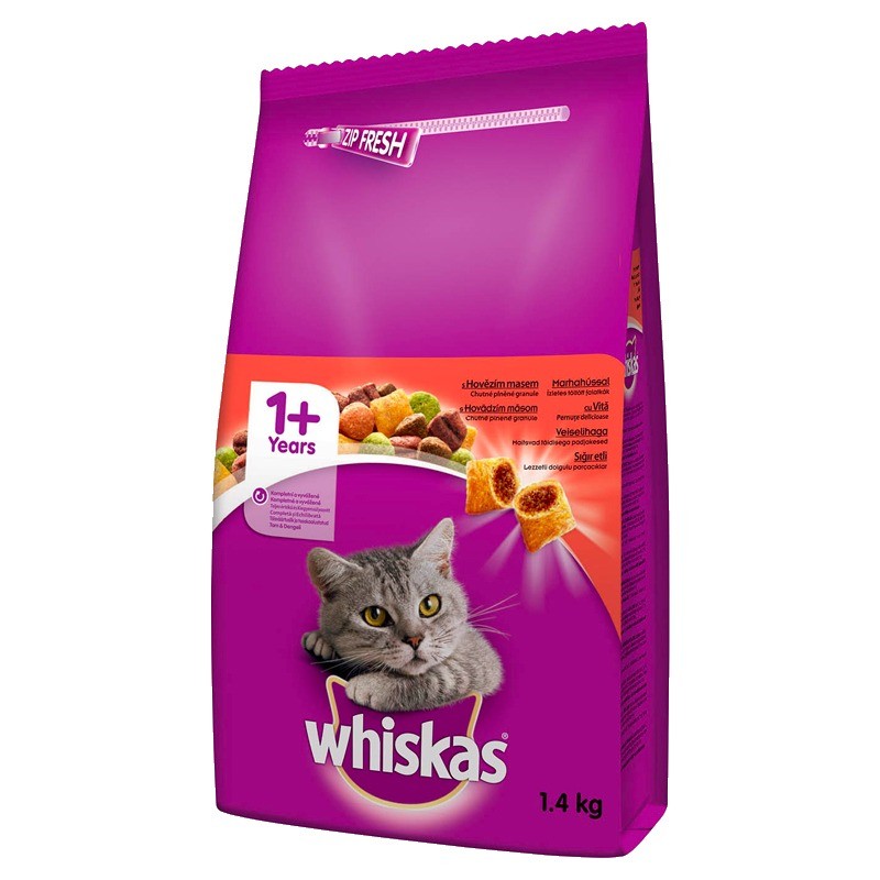 غذای خشک گربه ویسکاس با طعم گوشت گاو Whiskas Adult with Beef وزن 1.4 کیلوگرم
