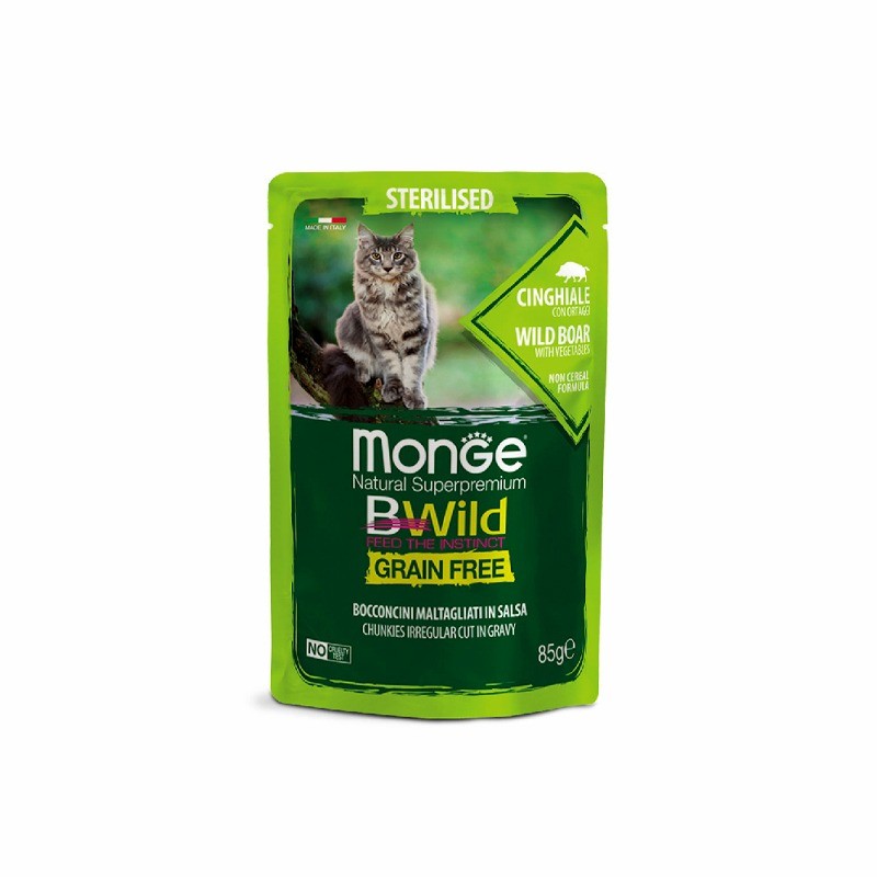 پوچ گربه عقیم مونژه مدل بی‌وایلد با طعم گوشت گراز وحشی Monge Bwild Cat Pouch Wild Boar وزن 85 گرم