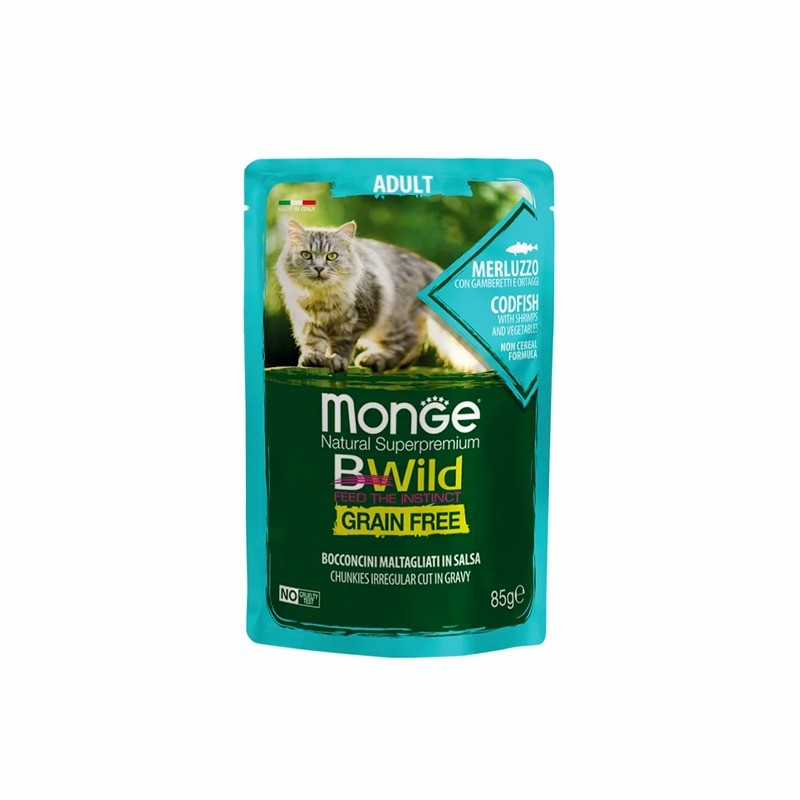 پوچ گربه مونژه مدل بی‌وایلد با طعم ماهی کاد و میگو Monge Bwild Cat Pouch with Codfish وزن 85 گرم