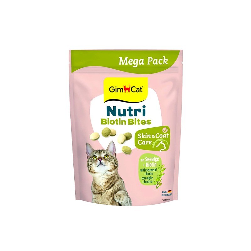 تشویقی گربه جیم کت با بیوتین و جلبک مخصوص پوست و مو GimCat Nutri Biotin & Seaweed Bites وزن 425 گرم
