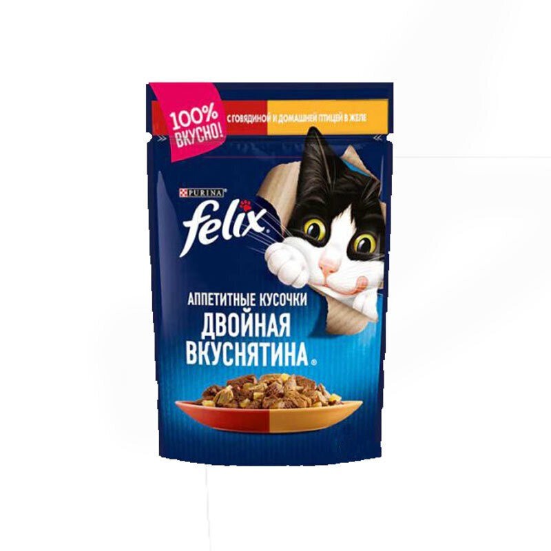 پوچ گربه فلیکس با طعم گوشت و مرغ در ژله Felix Chicken & Beef In Jelly بسته 6 عددی