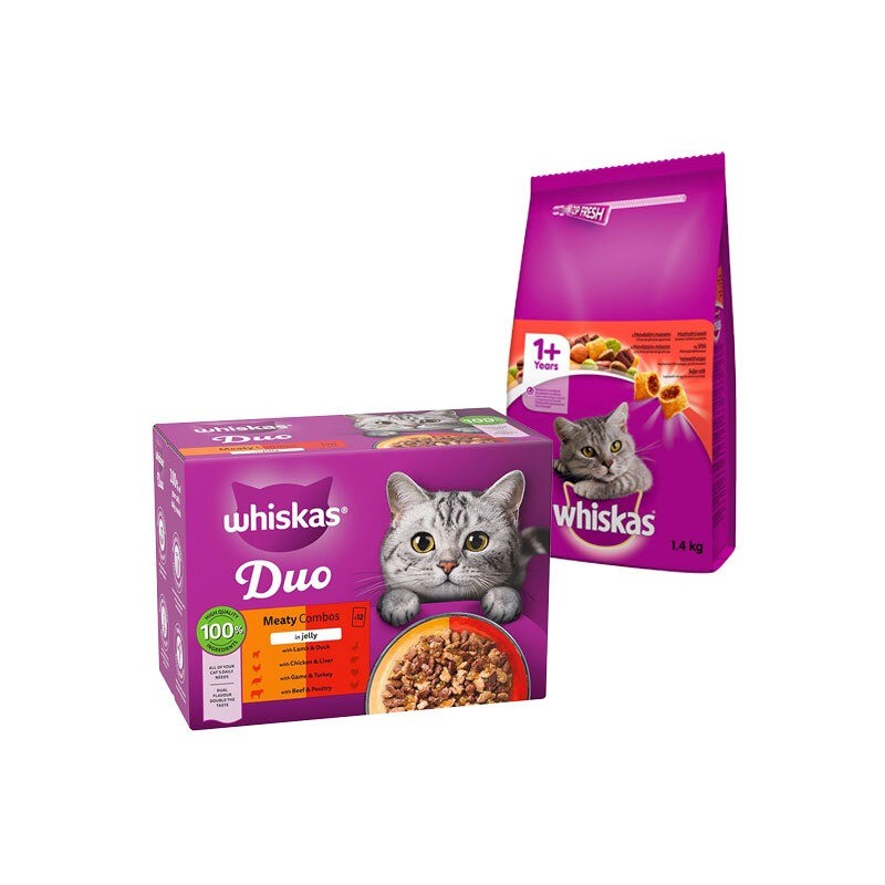 بسته پوچ و غذای خشک گربه بالغ ویسکاس با طعم میکس گوشت Whiskas Adult Cat Pouch & Dry Food بسته 2 عددی