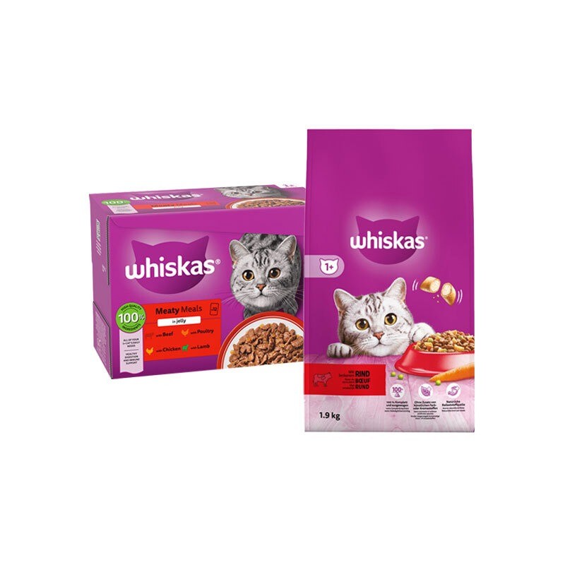 بسته پوچ و غذای خشک گربه بالغ ویسکاس با طعم میکس گوشت Whiskas Adult Cat Pouch & Dry Food بسته 2 عددی