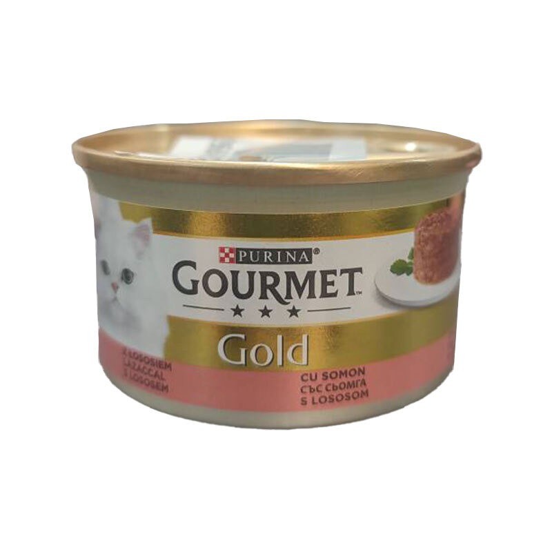 کنسرو غذای گربه گورمت کیکی با طعم ماهی سالمون Gourmet Gold Salmon Savoury Cake وزن 85 گرم