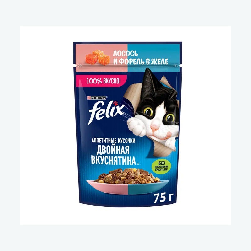 پوچ گربه فلیکس با طعم ماهی سالمون و قزل‌آلا در ژله Felix Salmon & Trout In Jelly وزن 75 گرم
