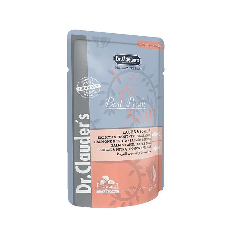پوچ گربه دکتر کلادرز با طعم سالمون و قزل‌آلا Dr.Clauder’s Best Pearls وزن 100 گرم