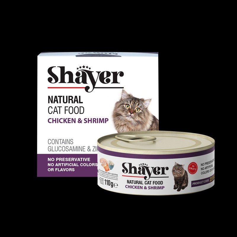 کنسرو غذای گربه با طعم مرغ و شاه میگو شایر Shayer Natural With Chicken & Shrimp وزن 110 گرم