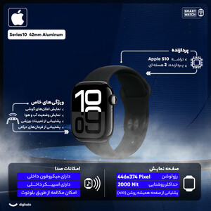 ساعت هوشمند اپل مدل Series 10 42mm Aluminum دارای قابلیت های کنترل موسیقی (Music Player)، قابلیت مکالمه از طریق بلوتوث، قابلیت تغییر طرح ساعت یا تم، صفحه همیشه روشن (Always-on Display)، پشتیبانی از دستیار صوتی بند سیلیکون