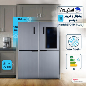 یخچال فریزر دوقلو 40 فوت استیلون مدل STORM PLUS، دارای اخطار باز ماندن درب و یخساز دستی، ارتفاع 200، پهنای 65 و عمق 65 سانتی‌ متر، میزان مصرف انرژی C، دارای 8 طبقه در یخچال و 8 طبقه در فریزر