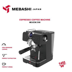 اسپرسو ساز خانگی 1.5 لیتری مباشی مدل ME-ECM2108، نیمه اتوماتیک با مصرف پودر قهوه، مناسب تهیه اسپرسو، کافه لاته، موکا، کاپوچینو، ماکیاتو، لانگو، امریکانو، دارای یک عدد نازل قهوه، تمپر قهوه، خروجی آب داغ، سیستم کاپوچینو ساز، سیستم گرم کردن فنجان