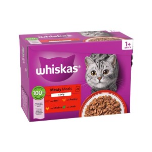 پوچ گربه ویسکاس با طعم میکس گوشت گاو، مرغ، بره و طیور Whiskas Meaty Meals in Jelly بسته 12 عددی