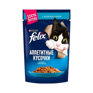 پوچ گربه فلیکس با طعم ماهی قزل آلا در ژله Felix Appetizing pieces Trout in Jelly وزن 75 گرم