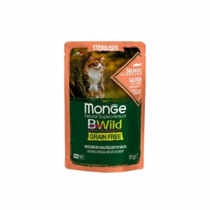 پوچ گربه عقیم مونژه مدل بی‌وایلد طعم ماهی سالمون و میگو Monge Bwild Sterilised Cat Pouch Salmon وزن 85 گرم