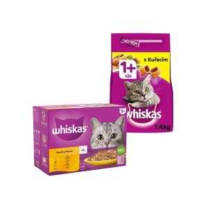 بسته پوچ و غذای خشک گربه بالغ ویسکاس با طعم میکس مرغ و طیور Whiskas Adult Cat Pouch & Dry Food بسته 2 عددی