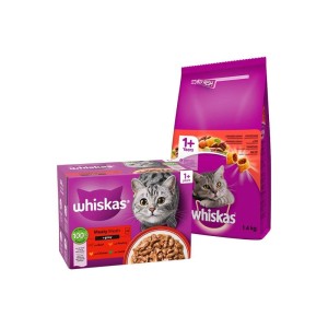 بسته پوچ و غذای خشک گربه بالغ ویسکاس با طعم میکس گوشت و مرغ Whiskas Adult Cat Pouch & Dry Food بسته 2 عددی