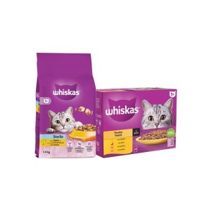 بسته پوچ و غذای خشک گربه عقیم شده ویسکاس با طعم مرغ و گوشت پرندگان Whiskas Sterilised Cat Pouch & Dry Food بسته 2 عددی