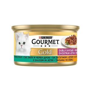کنسرو غذای گربه گورمت خورشتی با طعم گوشت خرگوش و جگر Gourmet Gold Rabbit & Liver In Gravy وزن 85 گرم