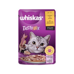 پوچ گربه ویسکاس با طعم میکس بره و بوقلمون در سس Whiskas Tasty Mix With Lamb & Turkey in Gravy وزن 85 گرم