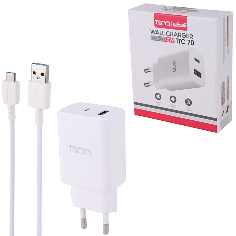 شارژر دیواری 30 وات تسکو مدل  TTC 70 QC3.0 PD 3A + کابل تایپ سی