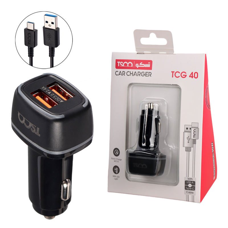 شارژر فندکی فست شارژ تسکو مدل TCG 40 2.4A 30W به همراه کابل Type-C