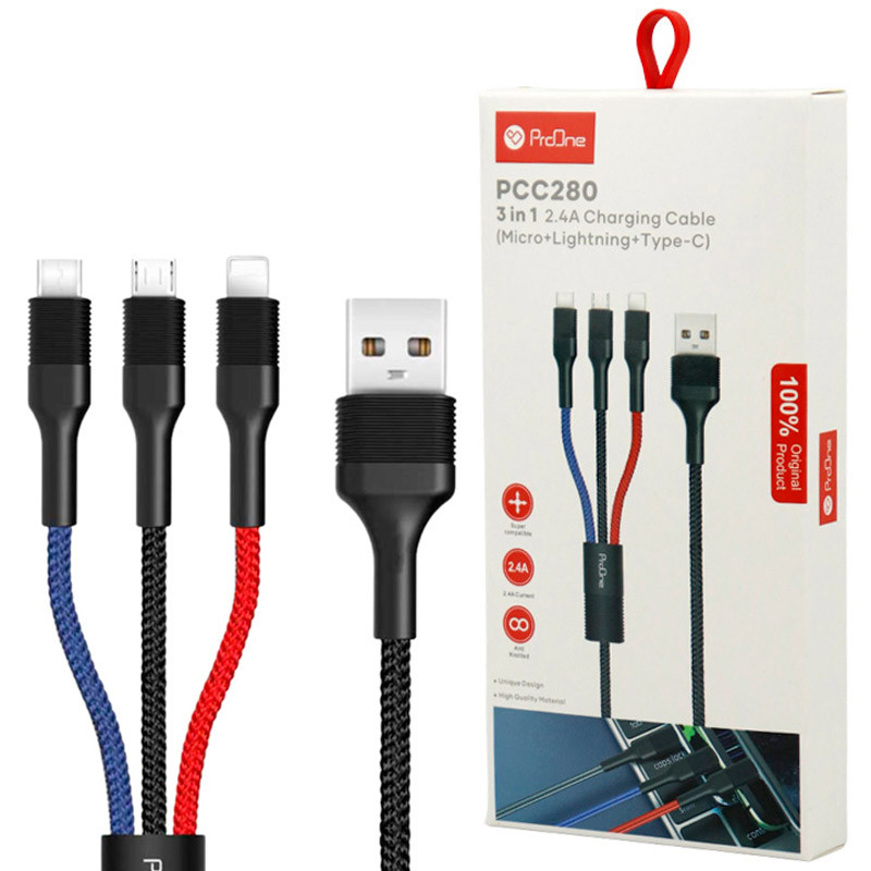 کابل تبدیل فست شارژ USB به USB-C / microUSB / لایتنینگ پرووان مدل PCC280 طول 1 متر