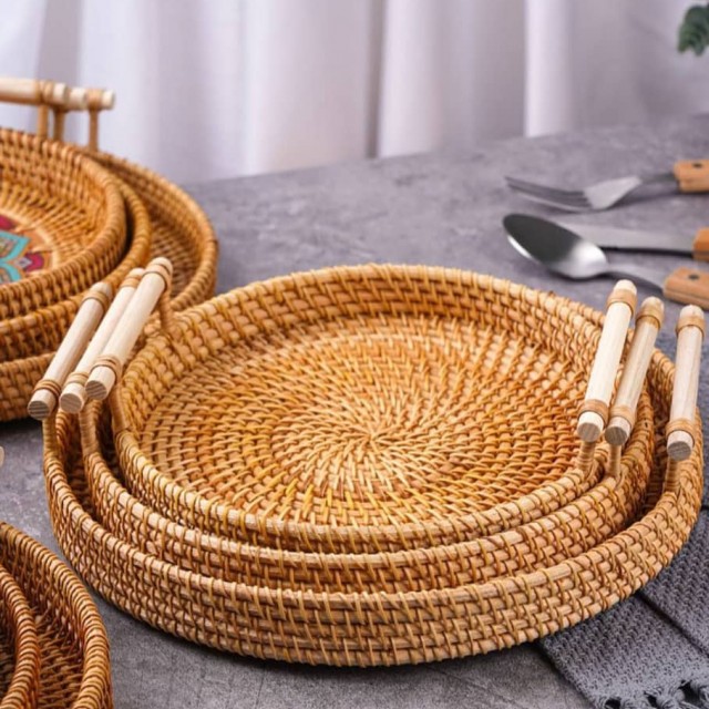 سینی حصیری پذیرایی گرد سه عددی راتان