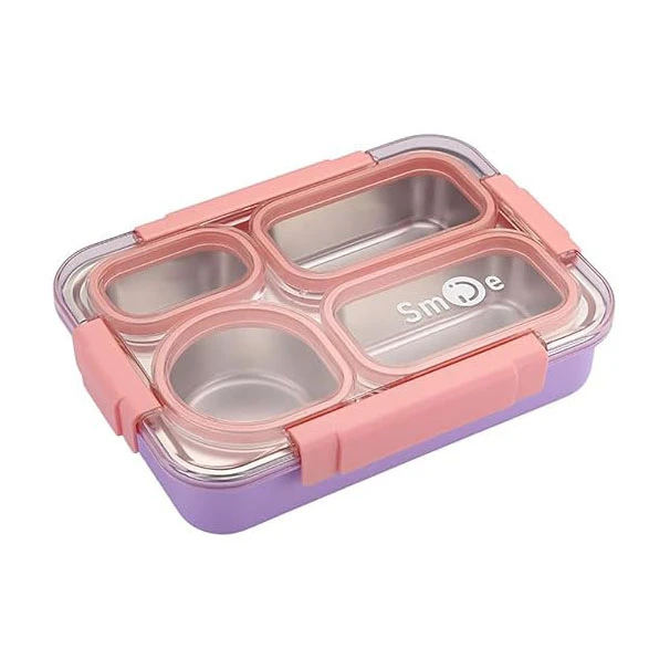 ظرف نگهدارنده غذامدل لبخند؛ لانچ باکس چهاربخشی واشردارهمراه باپیاله وقاشق