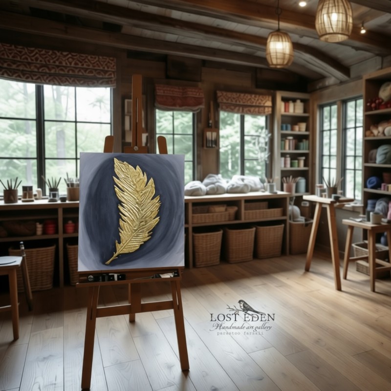 تابلو نقاشی ورق طلا اکریلیک طرح پر سبک مدرن سایز ۲۰ در۳۰
