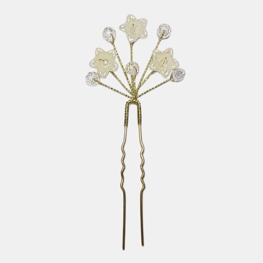 سنجاق شینیون طلایی کریستال و گل سفید مدل SNJ1CP