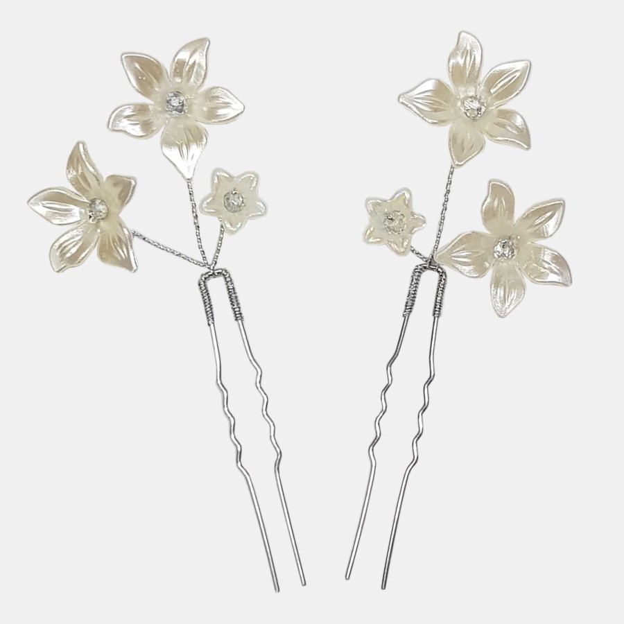 سنجاق شینیون طلایی کریستال و گل سفید (بسته 2عددی) مدل SNJ2GO ماه فام