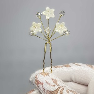 سنجاق شینیون طلایی کریستال و گل سفید مدل SNJ1CP