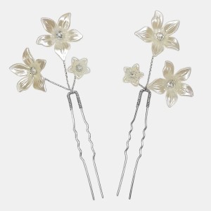 سنجاق شینیون طلایی کریستال و گل سفید (بسته 2عددی) مدل SNJ2GO