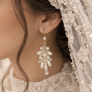 گوشواره آویزی مرواریدی و کریستالی روی گوش عروس