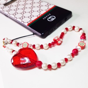 آویز موبایل کریستالی و مرواریدی قلب قرمز مدل MBLGHLB