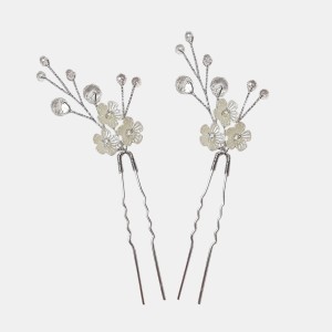 سنجاق شینیون مدل کریستال و گل نقره ای FLW2929-NGH