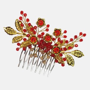 شانه موی شینیون برگ و کریستال قرمز مدل SHGOLDRD