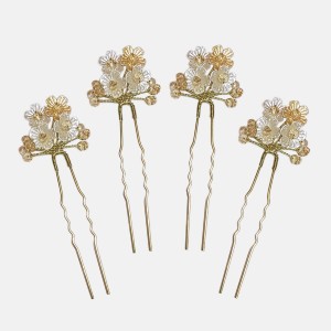 سنجاق شینیون کریستال و گل طلایی مدل SNJ4GL (بسته 4عددی)