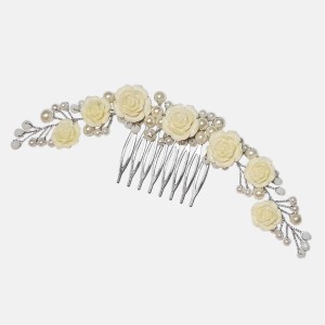 شانه موی مرواریدی و کریستالی و گل رز سفید مدل SHNGRS