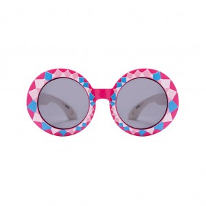 نمای روبرو عینک آفتابی بچگانه نشکن ANBAY A15312 با فریم گرد صورتی و طرح‌های هندسی رنگی