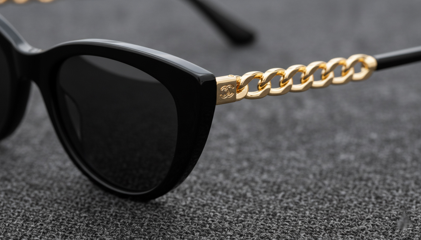 جزئیات دسته عینک شنل اصل با المان زنجیر طلایی لوکس